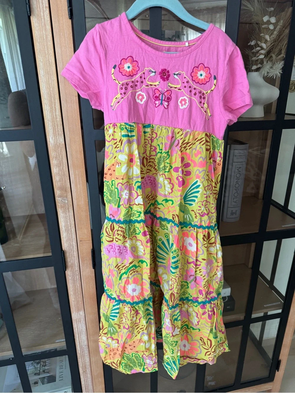 Mini Boden embroidered dress girls ruffle tiered leopard floral colorful jungle